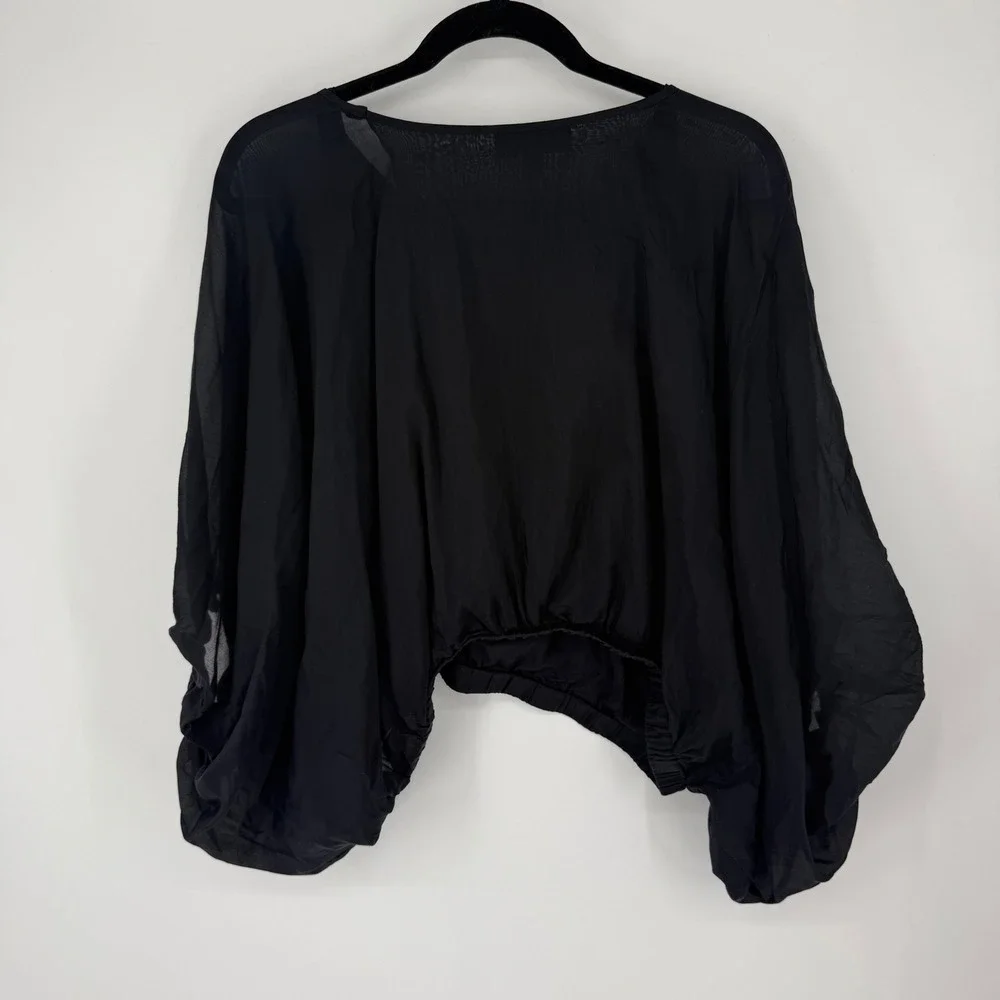 Banana Republic Eliana Cotton Silk Top Size L Black Balloon Sleeve Bubble Hem